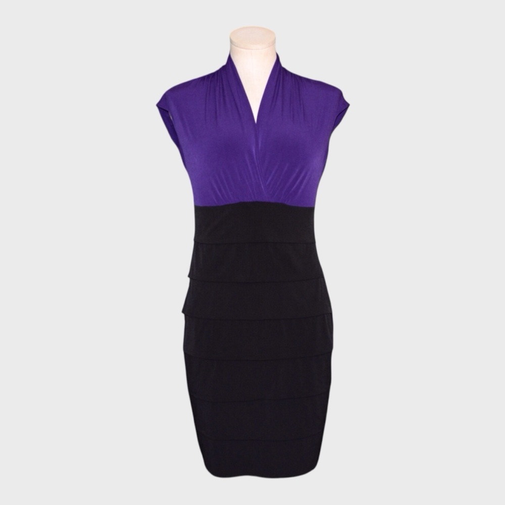 Enfocus Colorblock V Neck Tiered Bodycon Midi Dress